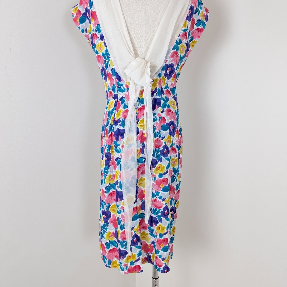 Vintage Floral Mini Dress Open Back Short Sleeve Dollman Fitted Tight Pencil - Picture 9 of 11